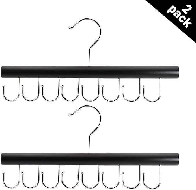 2PCS Belt Organizer Hanger,Sturdy Wood Belt Rack Closet Accessories with 8 Hooks Belt Organizer for Closet Organizers and Storage -Black