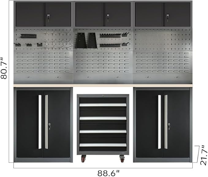 Garage Storage System with Rolling Tool Cart for Tool Organization, Free-Standing Tool Cabinet