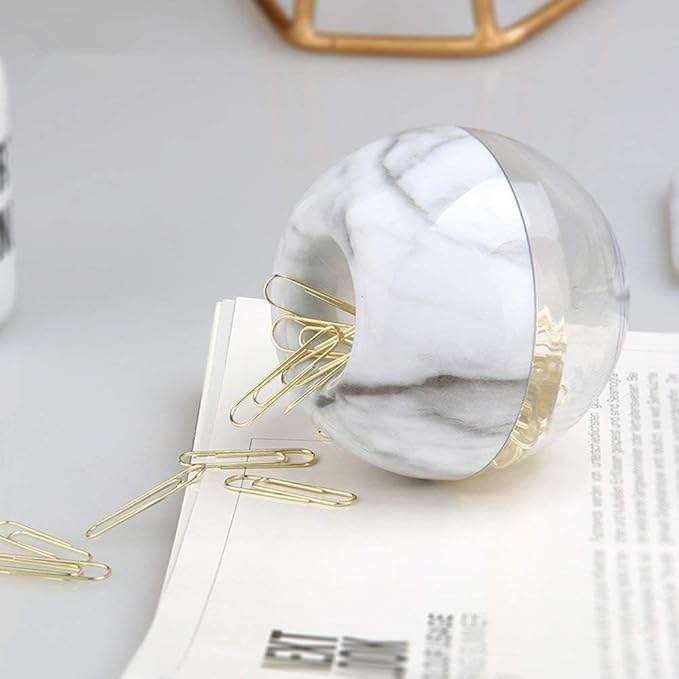 Magnetic Paper Clip Holder, Marble White holder with Gold PaperClips 100pcs 28mm(1.1") Cute Office Supplies for Desk Organizer