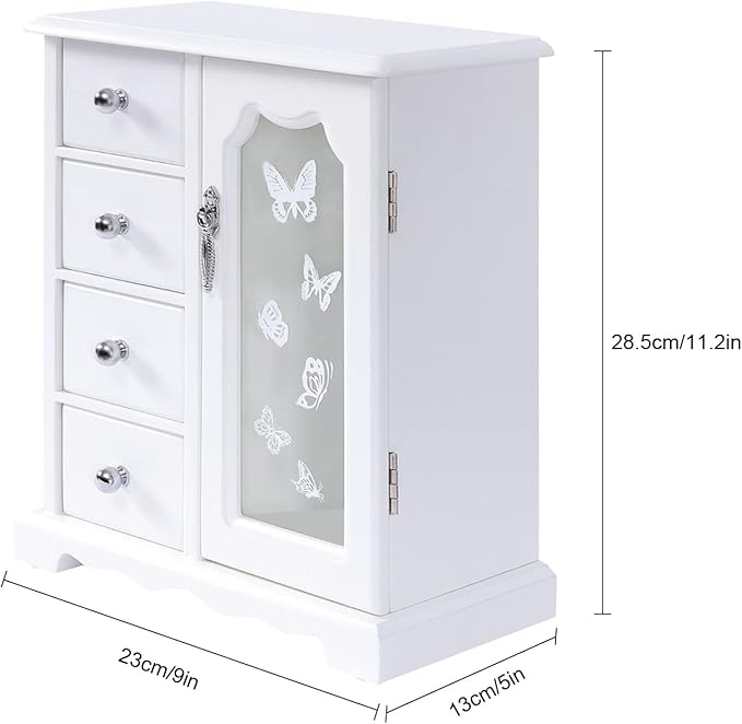 White Jewelry Box - Wooden Makeup and Accessories Organizer with 4 Drawers - Rotatable Hook with Large Mirror Dresser Decor - Wood Jewelry Case with Mirror for Necklaces, Earring, Rings