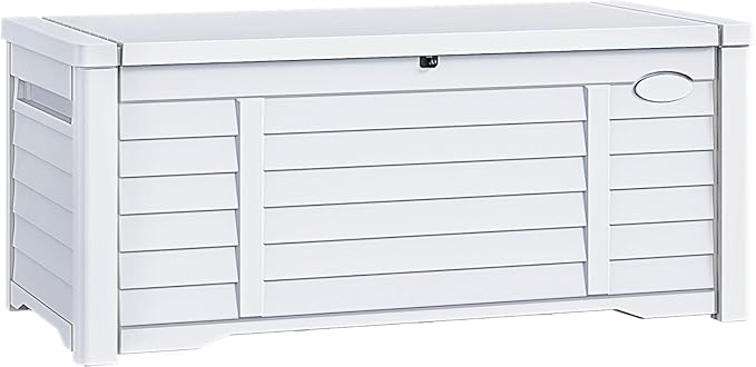 DWVO Large Deck Box 150 Gallon Waterproof Outdoor Storage Box, Extra Large Outdoor Bin, Resin Louvered Patio Storage for Indoor Pillows, Garden Tools & Pool Supplies, Lockable, White
