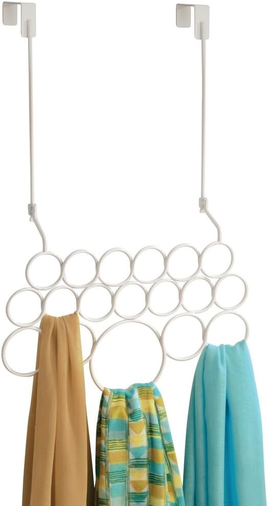 interDesign Classico Over Door Scarf Rack Hanger, No Snag Storage for Scarves, Ties, Belts, Shawls, Pashminas, Accessories - 18 Loops, Pearl White