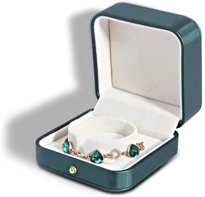 Luxury Vintage Jewelry Box, Dark Green Leather Storage Case with Gold Lock, 9x9x4.6cm Bracelet Organizer Display Stand_Forest Green_3.5in