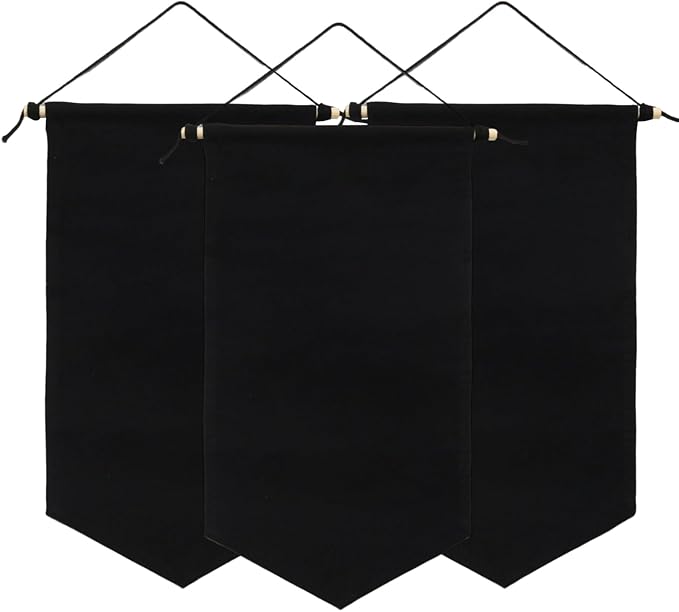 3 PCS Canvas Banner Blank with Wooden Dowel, Canvas Banners Wall Hanging Brooch Jewelry Badges Display, Enamel Pin Holder Display for Buttons Earrings (Black, Medium)
