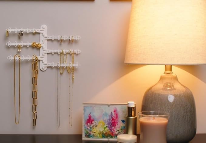 6-Tier 6" Wall Jewelry Organizer, Command Strips included for Easy Hanging, 120 Hole Earring Organizer, Necklace Organizer, Bracelet Holder, Ring Holder, Rotating Branches (White Small)