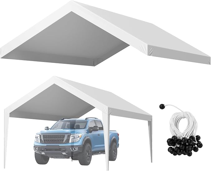 VEVOR Carport Replacement Canopy Cover, 12 x 20 ft Potable Garage Tent Top Tarp, UV-Resistant & Waterproof Car Shelter Tarp, Heavy Duty Car Port Cover with Ball Buggees, White, Frame Not Included