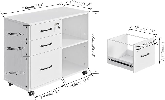 Panana 3 Drawer Office File Cabinets, Mobile Lateral Printer Stand with Open Storage Shelf, Rolling Filing Cabinet with Wheels Home Office Organization and Storage (White)