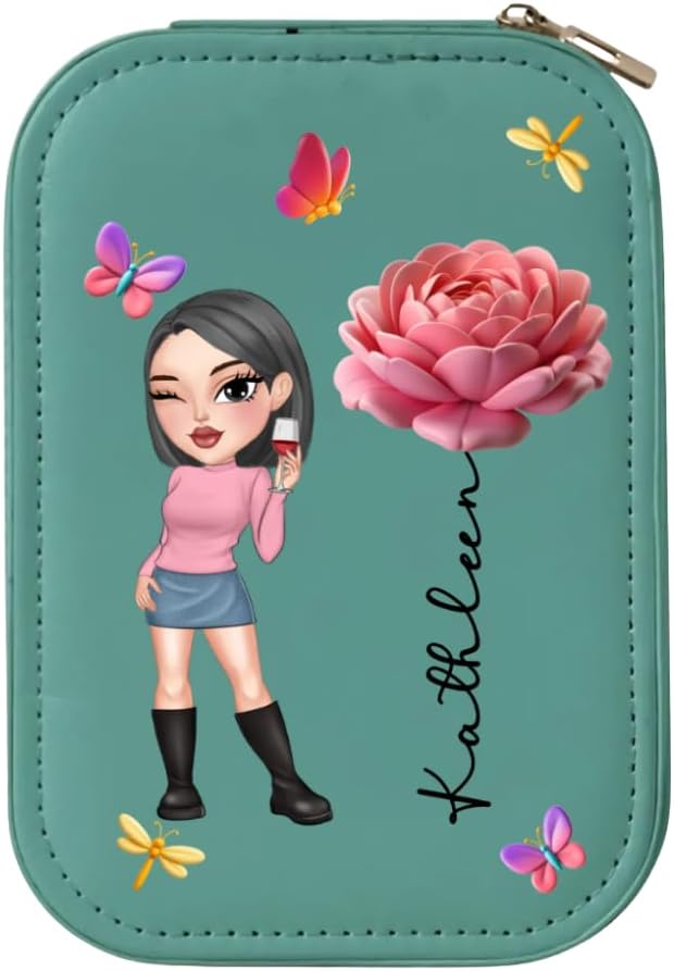 Petal Queen, Customized Bestie Jewelry Box with LED Mirror, Personalized Woman Jewelry Case, Birth Month Flower Sister Jewelry Box, Cartoon Woman Travel Jewelry Case, Best Friend Gift, Sisters Gift