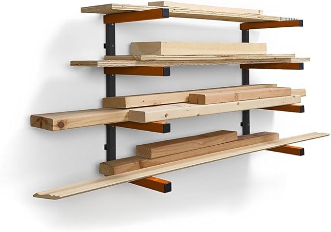 BORA Wood Storage Rack Wall Mount - Heavy Duty Lumber Storage Rack System for Garage Organization - 4-Level Workshop Organizer for Lumber, Pipes & Tools - 440lb Capacity Orange & Grey PBR-0410