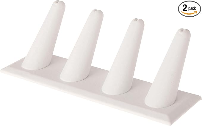 Plymor White Faux Leather Ring Finger Display, Four on Rectangular Base, 6" W x 2.125" D x 2.5" H (Pack of 2)