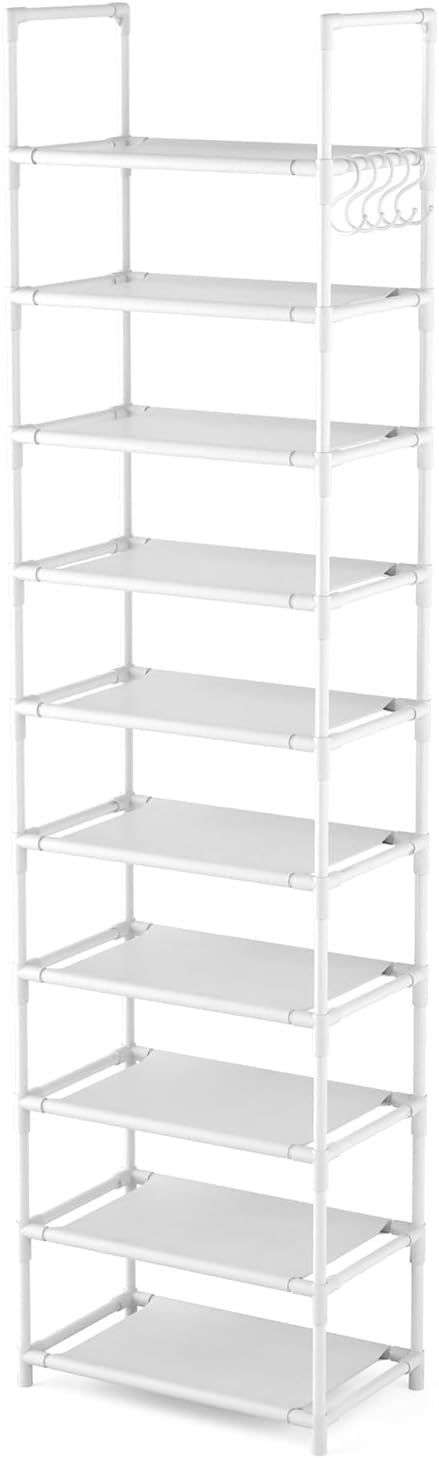 10 Tiers Tall Shoe Rack 20-25 Pairs Boots Organizer Storage Sturdy Narrow Shoe Shelf for Entryway, Closets with Hooks, White