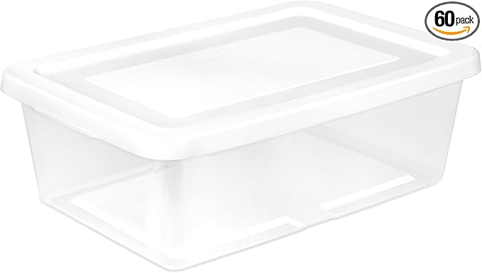 Sterilite 60 Pack Storage Box, 12 Quart Stackable Tote, Clear Plastic Container with Secure Snapping Lids for Home and Office Organization, White