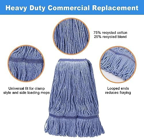 6 Pack Heavy Mop Replace Head，mop Head Replacement,Commercial mop Heads,Reusable Mop Head Refills-Replacement Mop Heads SuitableWet Industrial Blue Cotton Looped End String Head Refill (Blue)