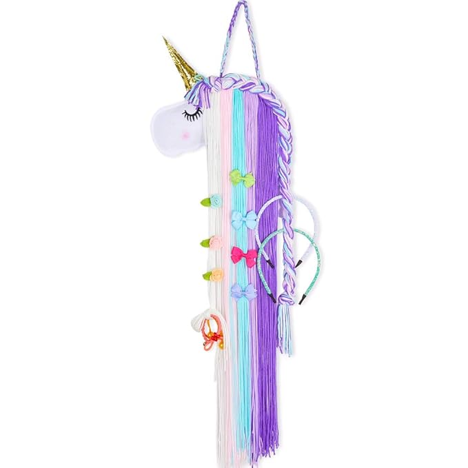 Beinou Unicorn Hair Clips Holder With Rainbow Hot Pink Yarn Tassels, Bows Storage, Shy Face Headband Organizer for Theme Party Decorations