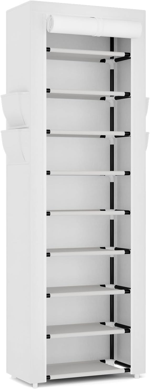 Shoe Rack with Cover Narrow Shoe Rack Organizer with 4 Side Pockets 10 Tier Tall Shoe Storage Shoe Shelf Holds 18-22 Pairs Shoes and Boots Shoe Rack for Closet, White