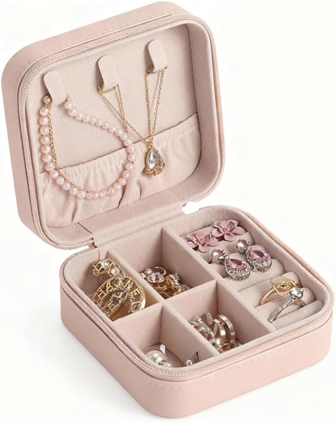 Small Travel Jewelry Box Organizer, Pink, 10 x 10 x 5 inches, Portable Storage Case with Compartments
