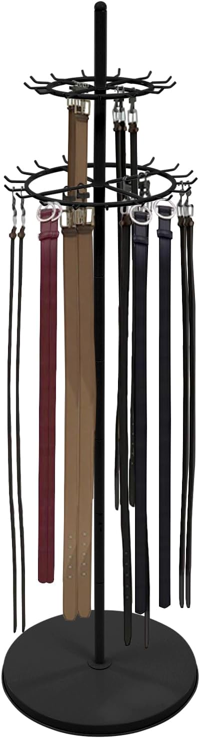 Tie Rack, Belt Organizer Display Stand, Rotating Accessory Holder, 2-Tier 31 Hooks Design, Heavy Duty Storage Solution, Perfect for Closet Retail Boutique Store Use, Modern Black Metal Construction