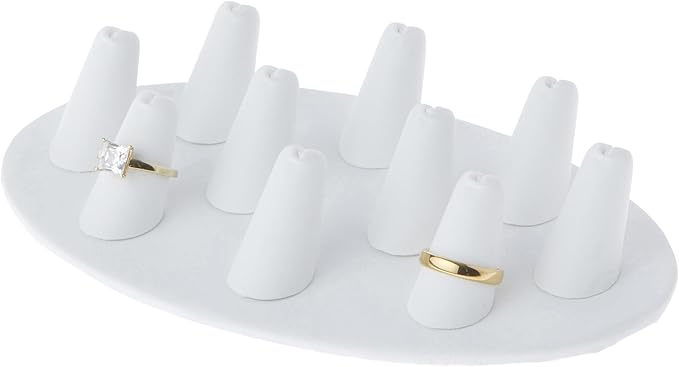 Plymor White Faux Leather Ring Finger Display, Ten on Oval Base, 7.5" W x 4.5" D x 1" H (Pack of 12)