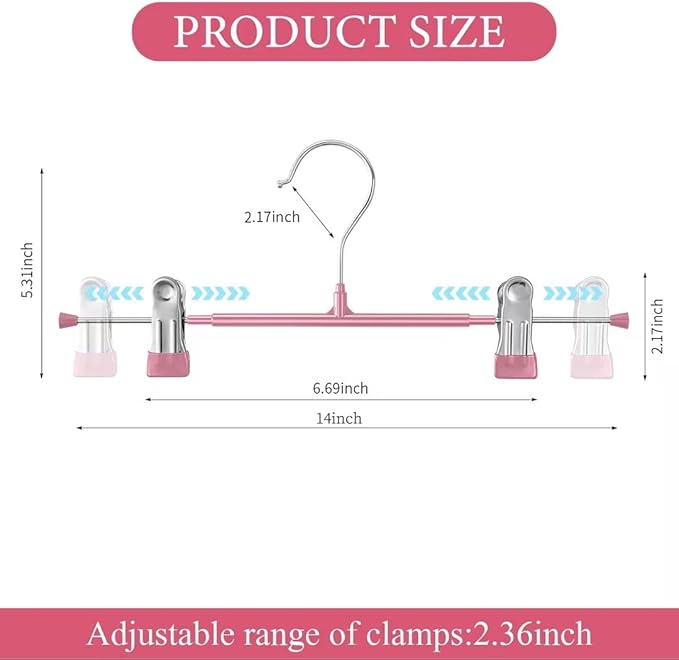Pants Hangers with Clips 10 Pack Adjustable Skirt Hangers for Women Non-Slip Trousers Hanger for Jeans Clothes Hangers for Pants Heavy Duty Space Saving Shorts Hangers,Pink,14Inch