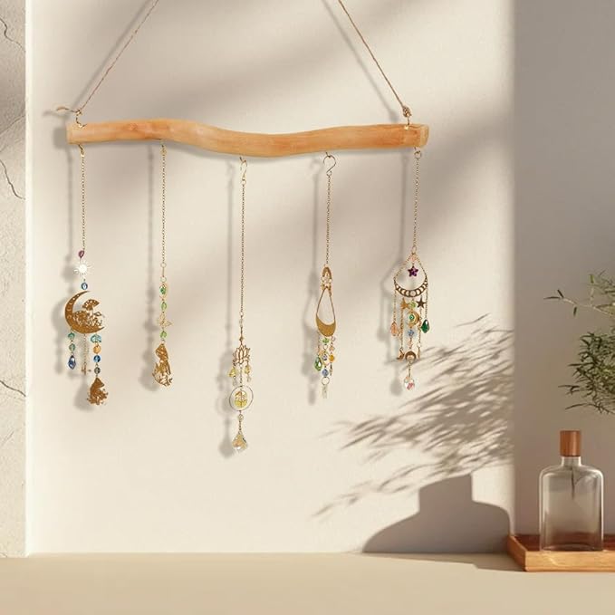 15 Inch 5 Hook Driftwood Wall Hanging Wall Mounted Jewelry Holder Natural Branch with Twine Rope Farmhouse Vintage Drift Wood Pieces Easy to Use Necklace Mount Hanger for Dried Flowers Crafts