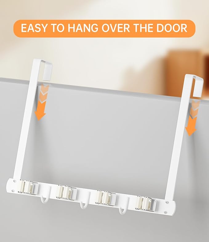 Broom Holder Over The Door - 304 Stainless Steel Mop and Broom Holder Wall Mounted or Hanging Over The Door with Hooks - Broom Hanger - white, Broom Storage Tool Organizer for Closet Laundry