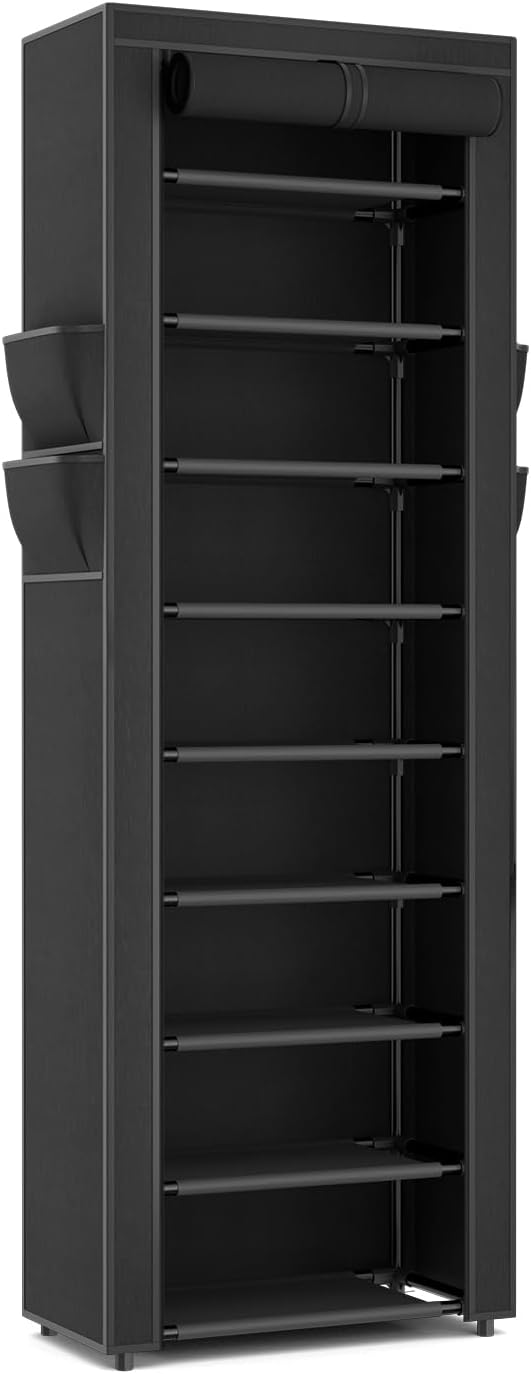 Narrow Shoe Rack with Cover 10 Tier Tall Shoe Rack Organizer Large Capacity Shoe Shelf Storage 18-22 Pairs Space Saving Free Standing Shoe Storage Organizer for Closet, Entryway, Dorm, Black