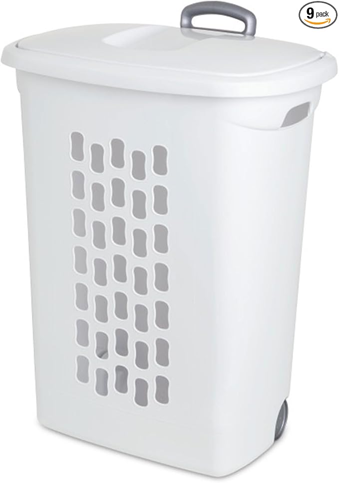 Sterilite 18-Pack Ultra Wheeled Hamper, Laundry Basket w/Flip-Top Lid & Retractable Handle - Plastic Rolling Clothes Storage Cart with Ventilated Holes for Home, Apartment or Dorm