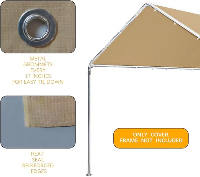 10'x20' Carport Replacement Canopy Cover for Top Tent Shelter Tarp with Ball Bungees Beige (Only Top Cover, Frame is not Included)