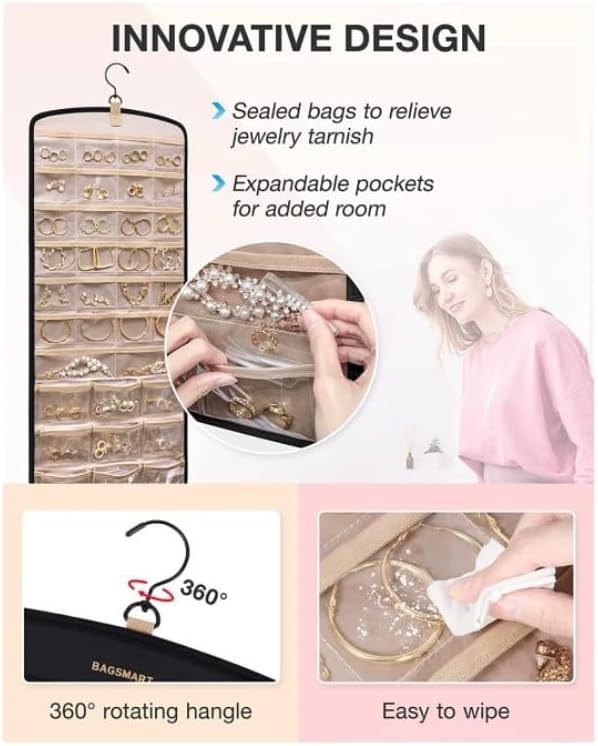 Hanging Jewelry Organizer Storage Roll with Hanger Metal Hooks Double-Sided Jewelry Holder for Earrings, Necklaces, Rings on Closet, Wall, Door 33 * 14IN (Pink)