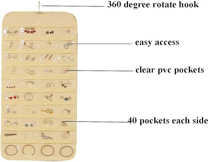 Hanging Jewelry Organizer, 80 Pockets Earring Holder Organizer, Bracelet Organizer with Pockets for Hanging Earrings, Necklaces,Rings, Storage, Closet(beige)