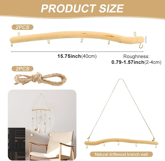2Pcs 15inch Driftwood Wall Hanging Jewelry Hanger, Natural Driftwood Decorative Branches Farmhouse Vintage Wooden Hook, Drift Wood Pieces for Crafts Jewelry Organizers (COLOR:nature)