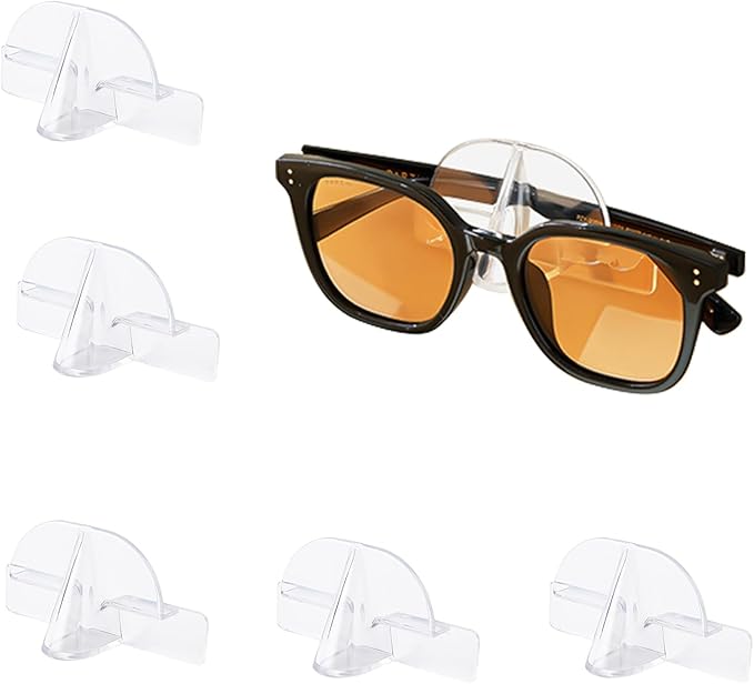 6 PCS Eyeglasses Holder Wall Mounted, Clear Hanging Sunglasses Organizer Storage with Self-Adhesive Sticker Drill-free Glasses Display Stand for Entryway Bathroom Bedroom Office Door Wall