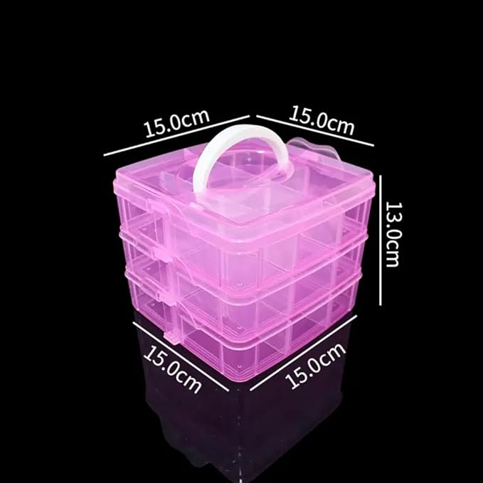 3-Tier Hair Accessories Storage Box, Clear Plastic Organizer with Handle, 5.9 x 5.9 x 5.1 in (Pink, 5.9 x 5.9 x 5.1 in)