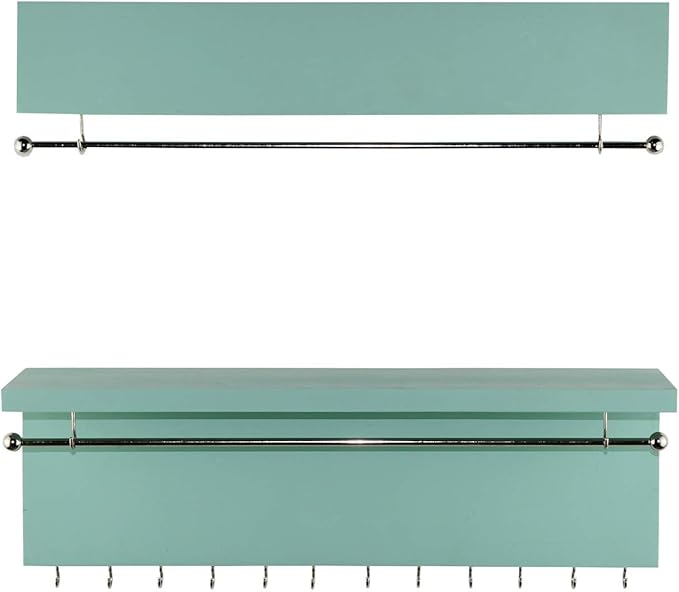 Spiretro Wall-Mounted Jewelry Organizer - Wood Turquoise - Necklace Holder with Removable Metal Bar - Earrings Bracelets Hooks - Shelf Storage