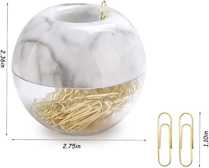Magnetic Paper Clip Holder, Marble White holder with Gold PaperClips 100pcs 28mm(1.1") Cute Office Supplies for Desk Organizer
