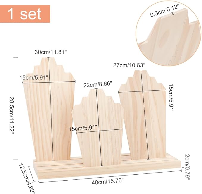 PH PandaHall Wood Necklace Display Stands with 3-Row Holder and 3 Removable Displays Wood Plank Necklace Storage Holder Bust Easel Jewelry Display for Necklaces, Rings Storage, Blanched Almond