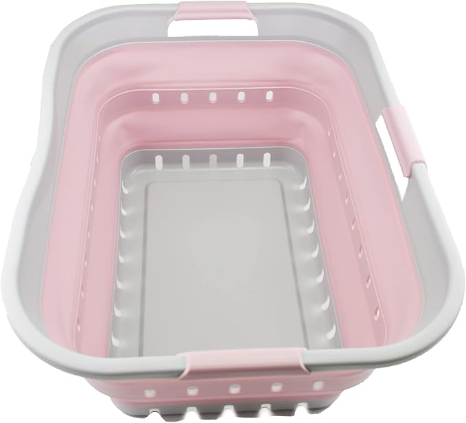 SAMMART 42L (11 gallon) Collapsible Plastic Laundry Basket - Foldable Pop Up Storage Container/Organizer - Portable Washing Tub - Space Saving Hamper/Basket (Grey/Pale Pink)