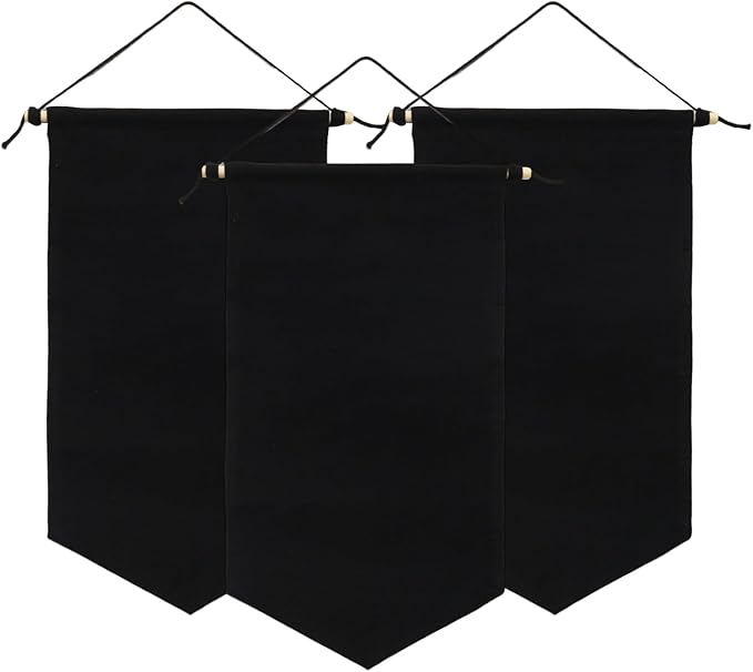3 PCS Canvas Banner Blank with Wooden Dowel, Canvas Banners Wall Hanging Brooch Jewelry Badges Display, Enamel Pin Holder Display for Buttons Earrings (Black, Small)