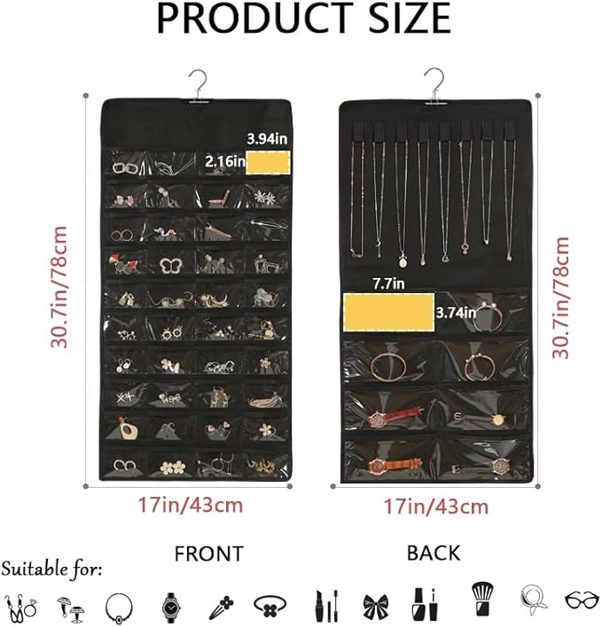 ZMD Hanging Jewelry Organizer Storage, 48 Pockets 8 Hooks Necklace Earring Necklace Bracelet Ring Organizer for Closet, Wall, Door, Christmas Gifts for Women，Black