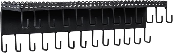 MyGift 15 Inch Wall Mounted Matte Black Metal Jewelry Organizer & Display Shelf with Vintage Lace Design, Hanging Perfume Storage and 26 Hook Necklace Hangers