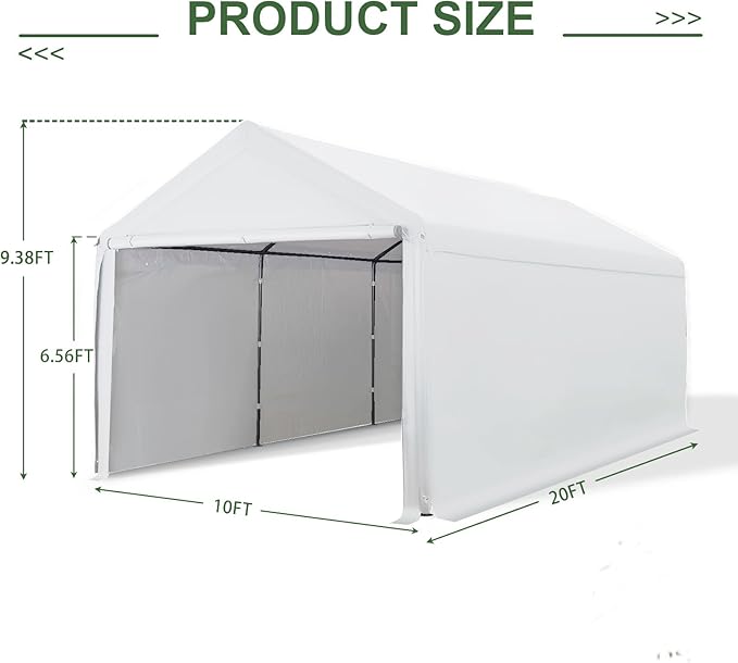 Carport 10x20 Ft Heavy Duty Canopy Steel Canopy Storage Shed,Portable Party Tent,Portable Garage with Removable Sidewalls & Doors All-Season Tarp for Carport Floor Fixing (White)