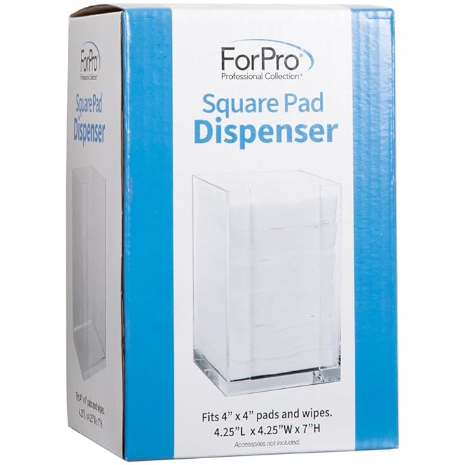 ForPro Square Pad Dispenser - Clear, Acrylic, Open Sides and Top Dispenser - Fits 4” x 4” Cotton Pads - 7” H x 4.25” W x 4.25” L