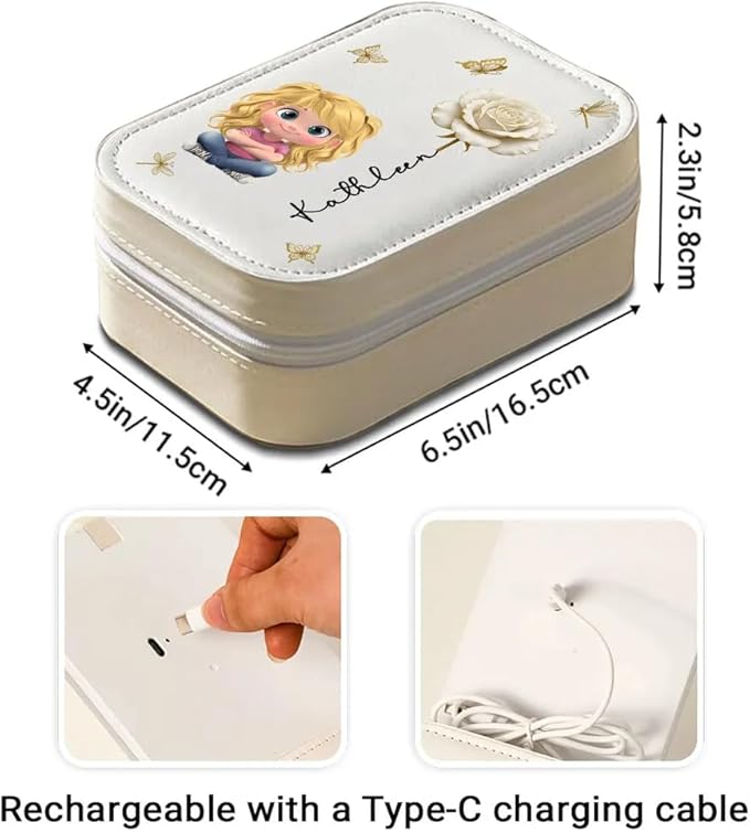 Floral Soul - Personalized Jewelry Box with LED Mirror, Cute Cartoon Girl Leather Jewelry Box, Custom Birth Flower Mirror Jewelry Organizer for Women, Friendship Keepsake Gifts, Sister Gifts