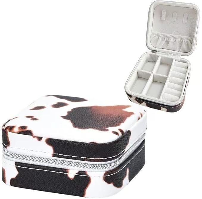 Jinglong Cattleprint Travel Jewelry Box, Compact and Adorable Doggy Jewelry Organizer, Suitable for Rings, Necklaces, and Earrings, Portable Jewelry Storage Box (Black and white cow pattern)