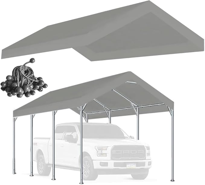 Rutile 10 x 20 FT Carport Replacement Cover, Heavy Duty Car Tarp Canopy Tent Replacement Top w/Ball Bungees Gray (Only Top Cover, Frame is not Included)
