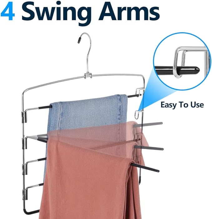 Pants Hangers 3 Pieces,5 Tier Closet Organizers and Storage Clothes Hanger,Hangers Space Saving with Swing Arm,Multiple Metal Hanger Clothes Organization for Pants Trousers Jeans Leggings Slacks