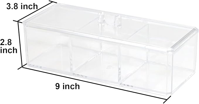 Clear Bathroom Dresser Organizer - Cotton Ball Swab Holder with 3 Divided Compartments&Lid, , Waterproof Transparent Small Plastic Storage Containers, Vanity Makeup Organization