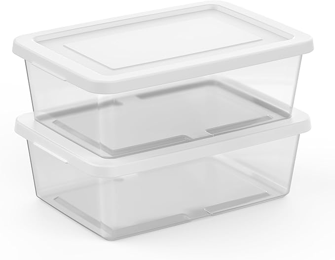 Sterilite 12 Pack Storage Box, 12 Quart Stackable Tote, Clear Plastic Container with Secure Snapping Lids for Home and Office Organization, White