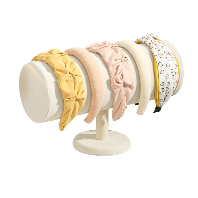 T-Bar Headband Holder Organizer, Soft Velvet Hairband Stand Display, Detachable Hair Hoop Accessories Storage for Home Bedroom or Store Shop Selling (Beige Color)