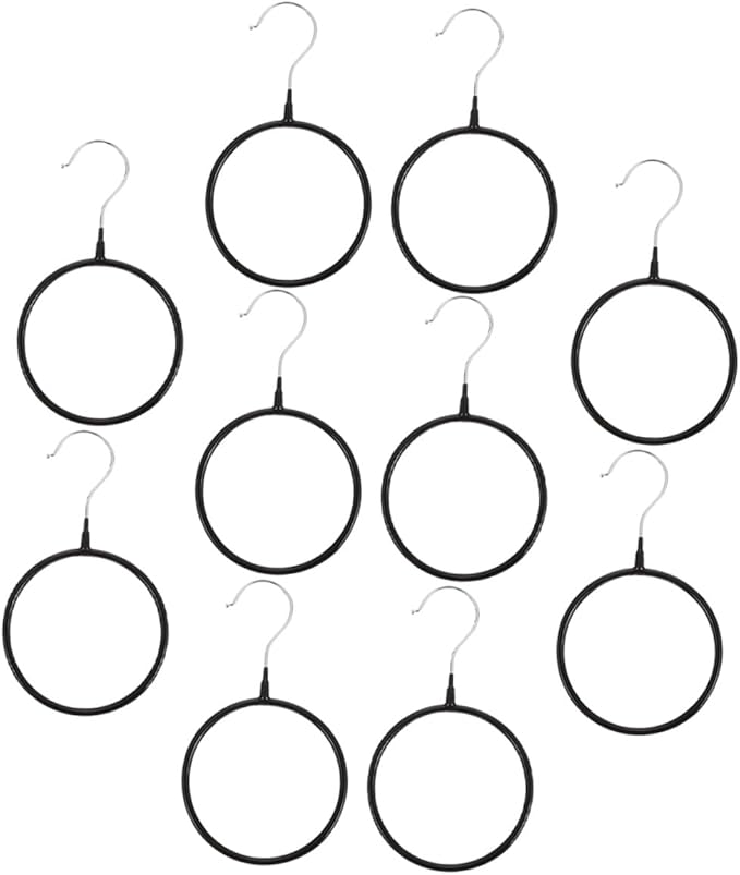 10pcs Heavy-Duty Scarf Organizer Rings with Hook, Black Plastic-Coated Iron Scarf Hangers for Closet Necktie and Belt Storage, Space-Saving Accessory Organizer for Home Use